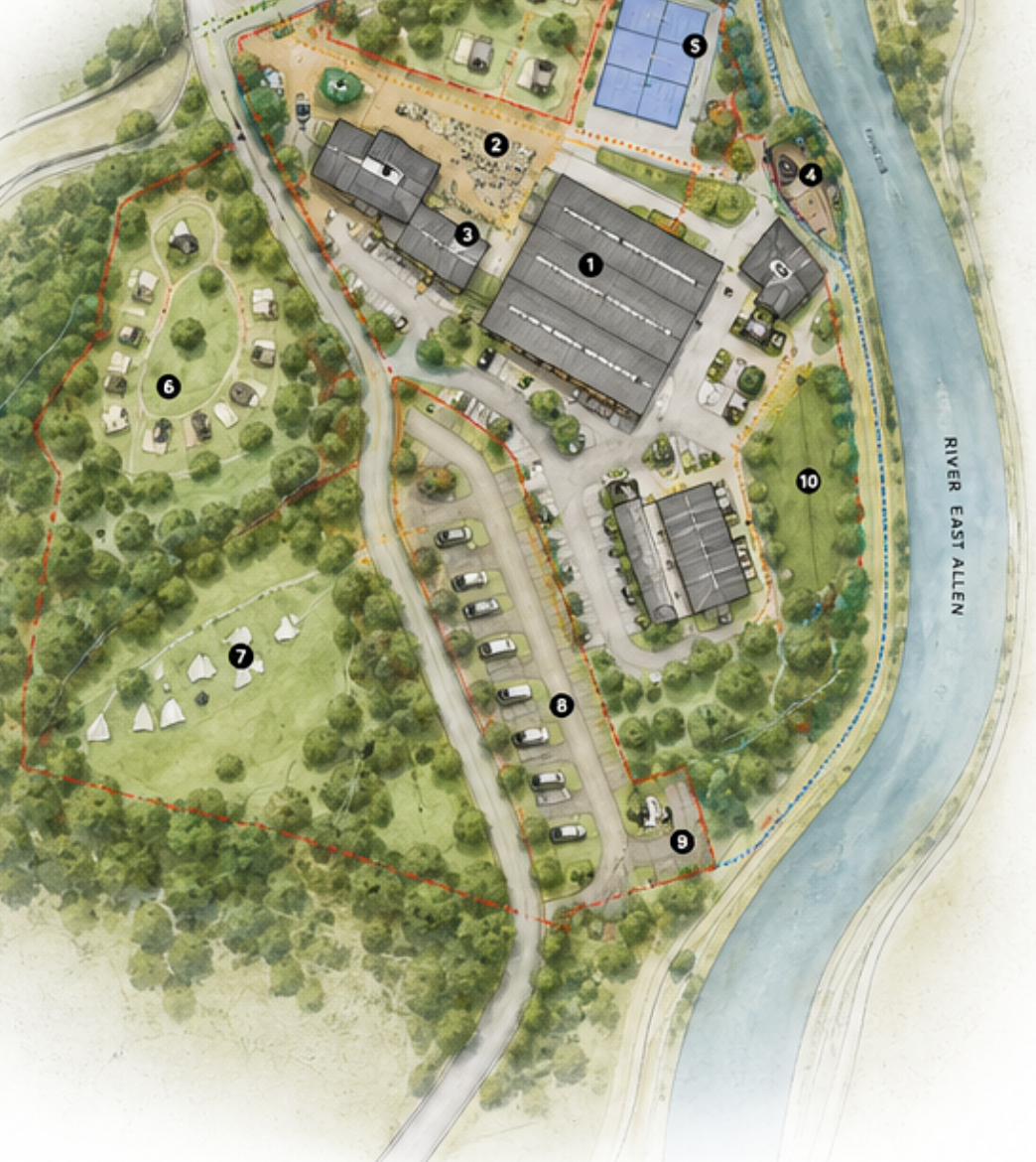 Illustrated Allen Mill concept plan showing buildings, landscaping and outdoor spaces beside the River East Allen