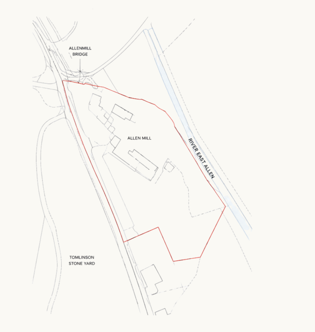 Allen Mill site plan showing the buildings and outlined site boundary beside the River East Allen