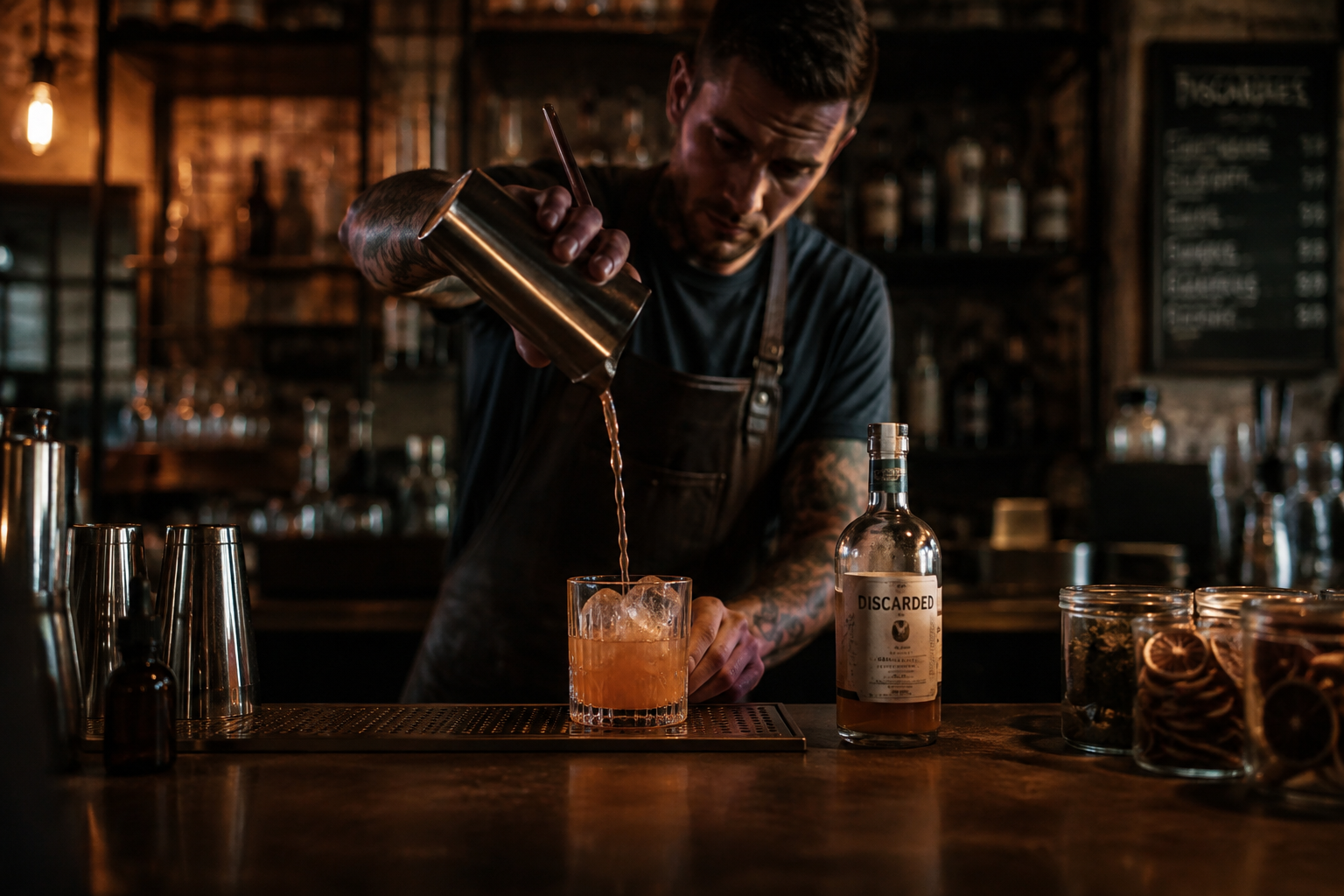 Hospitality concept image of a bartender preparing a cocktail in a warmly lit bar