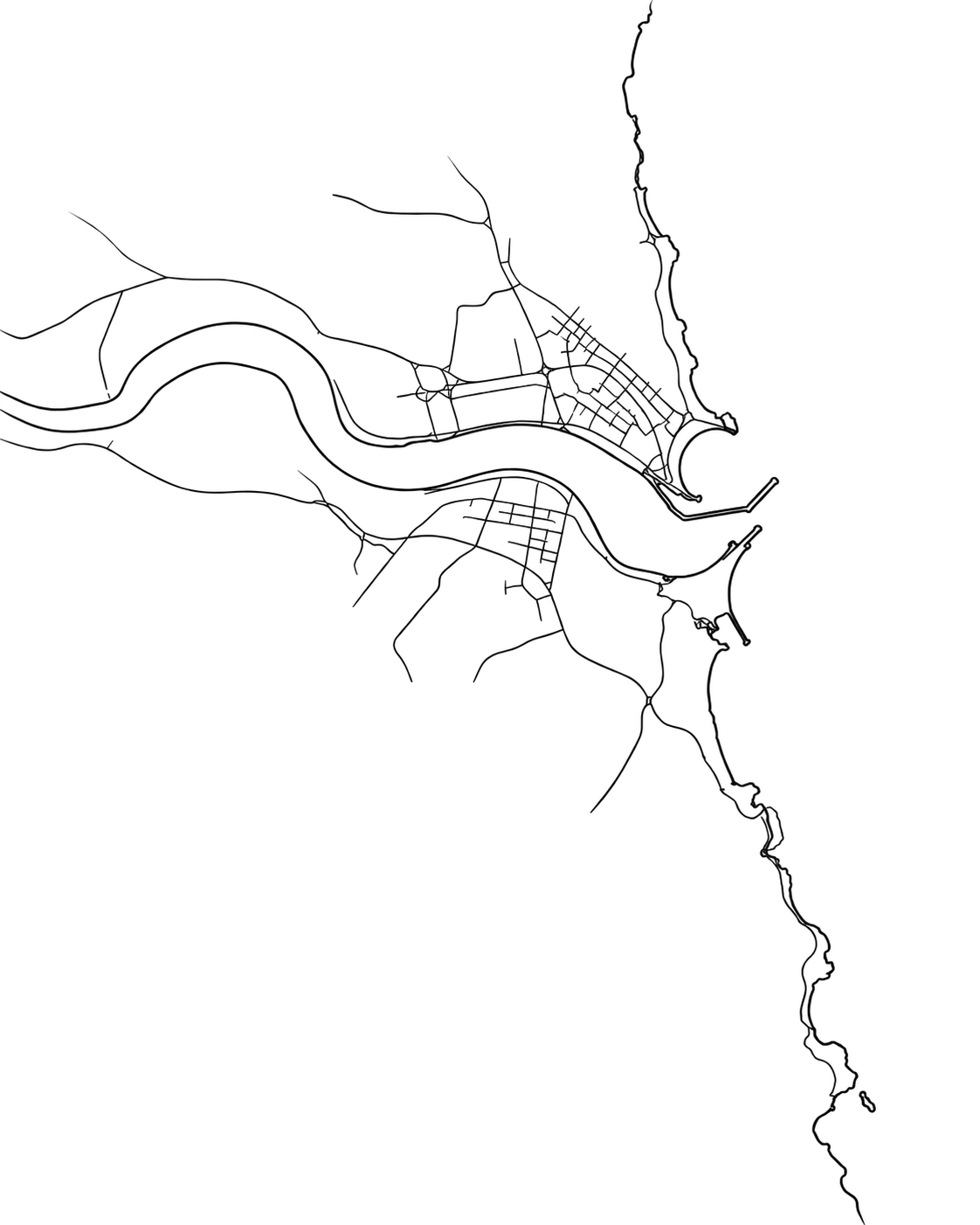 Line drawing map of the North East coast and the mouth of the River Tyne
